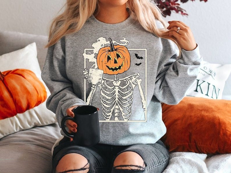 Skeleton Halloween Crewneck Pumpkin Sweatshirt