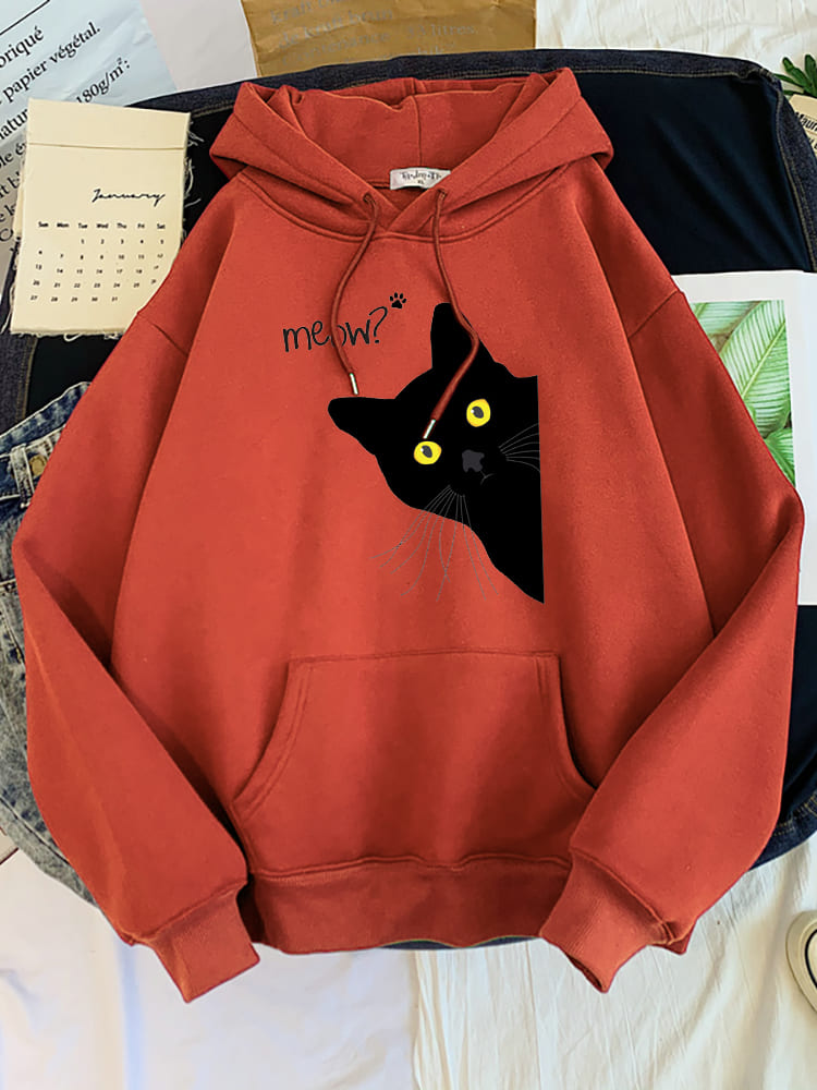 Meow Black Cat Print Hoodie