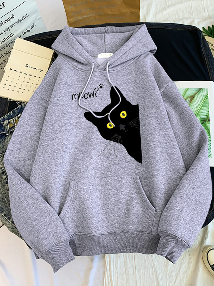 Meow Black Cat Print Hoodie