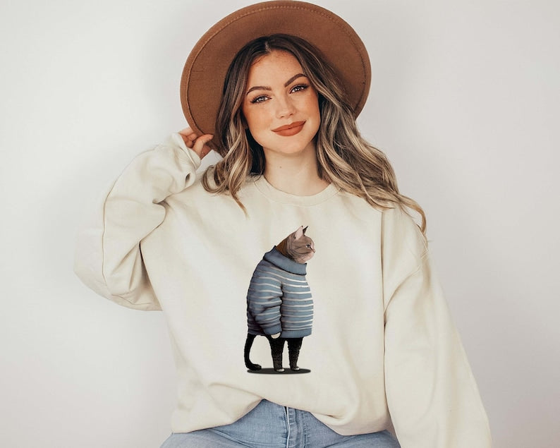 Fat Gray Cat in Crewneck Sweatshirt